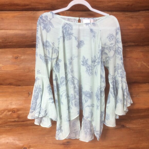 Lauren Conrad Floral Fairy Wide Bell Sleeve Boho Split Back Top Size Large - Picture 1 of 5
